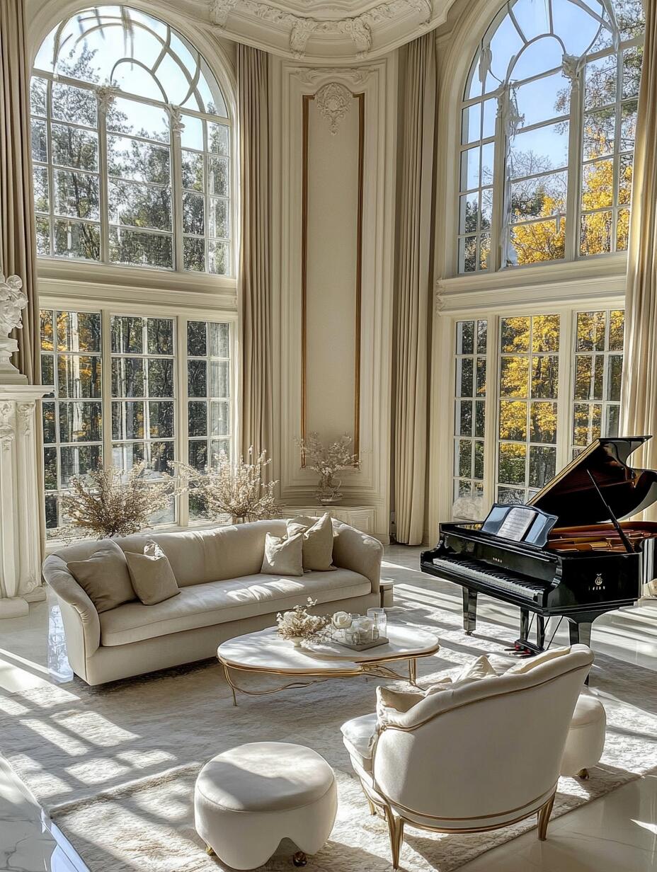 Cream-toned French modern apartment with ornate moldings and contemporary furniture