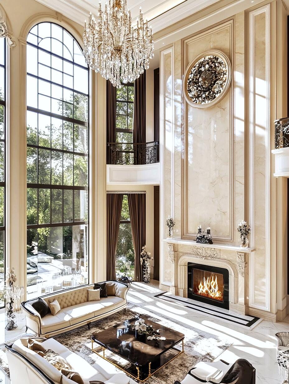 French-inspired waterfront villa living room with marble fireplace and ocean views
